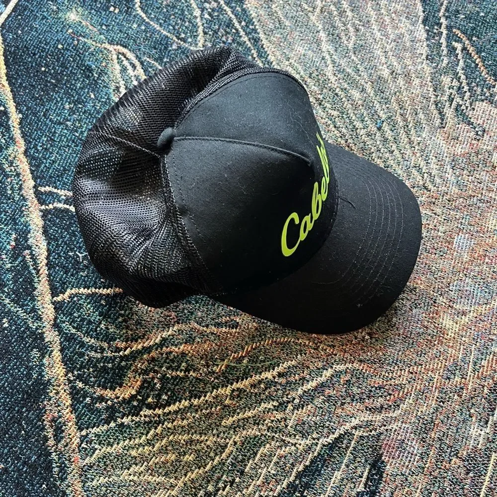 Cabela's Black Fishing Hat with Bright Green Logo SnapBack Hunting Adjustable